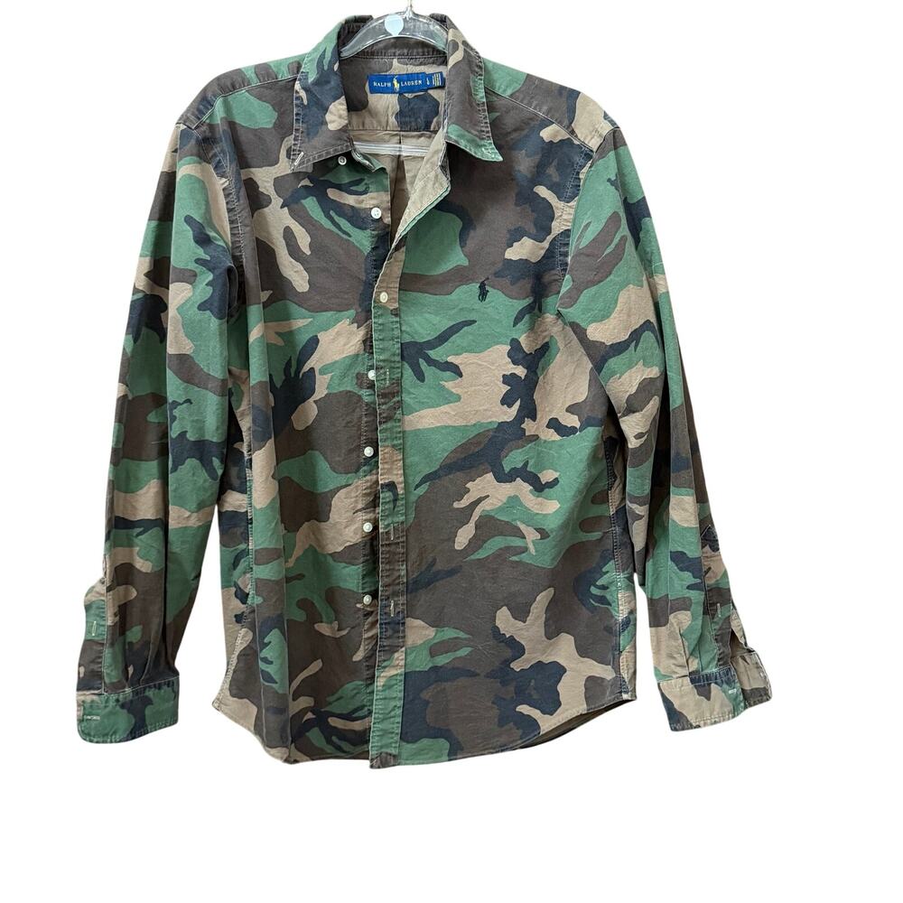 Ralph Lauren Camouflage Button Down Shirt Mens Large Camo Preppy Utility